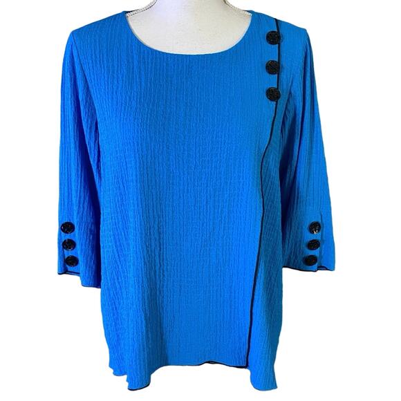 Ali Miles Size PM MP Medium Petite Blue Crinkle Top Shirt Black Buttons - Picture 1 of 5